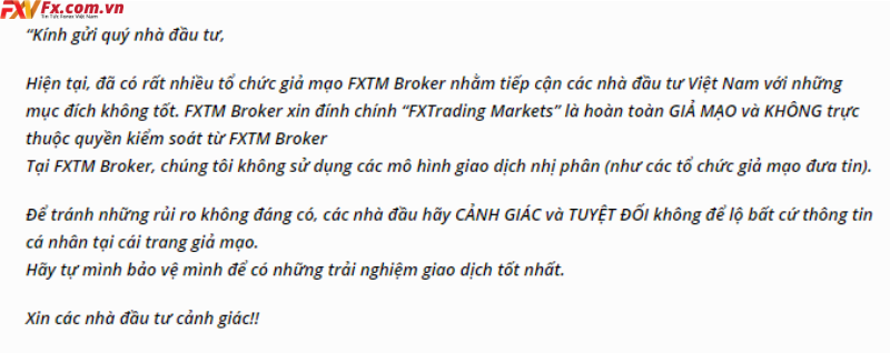Lời cảnh báo từ FXTM về sàn FX Trading Markets lừa đảo