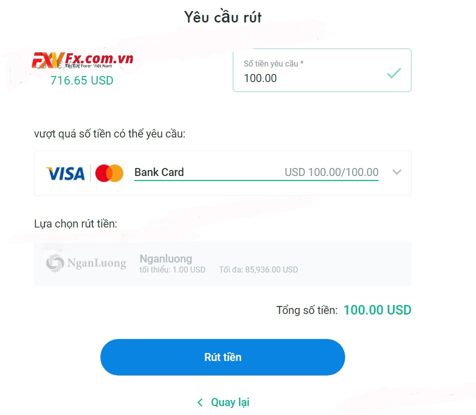 Rút tiền qua thẻ Visa tại FxPro