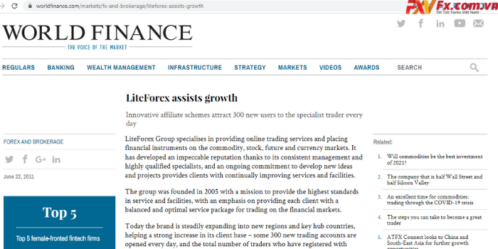 Tổ chức World Finance đánh giá LiteFinance thuộc top 100 các brokers uy tín