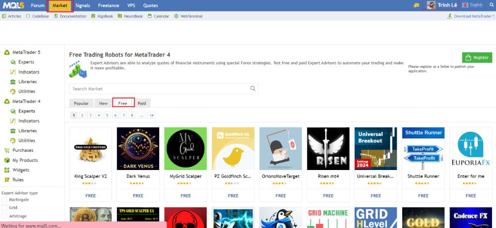 Bấm vào mục Market, sau đó chọn Free để xem các EA miễn phí