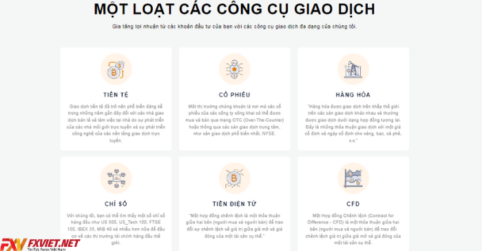 Danh mục sản phẩm giao dịch của sàn Forex AXEL